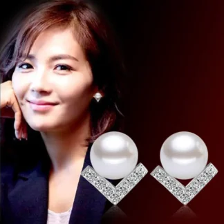 V-Shape Pearl Earrings Silver Plated Diamond Accents