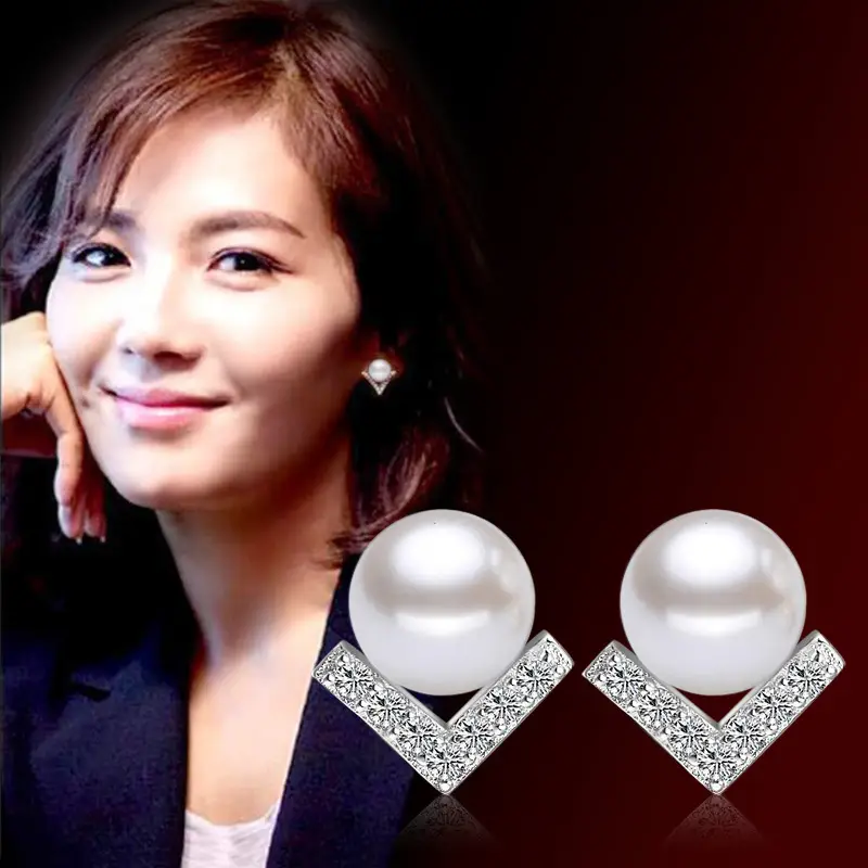 V-Shape Pearl Earrings Silver Plated Diamond Accents