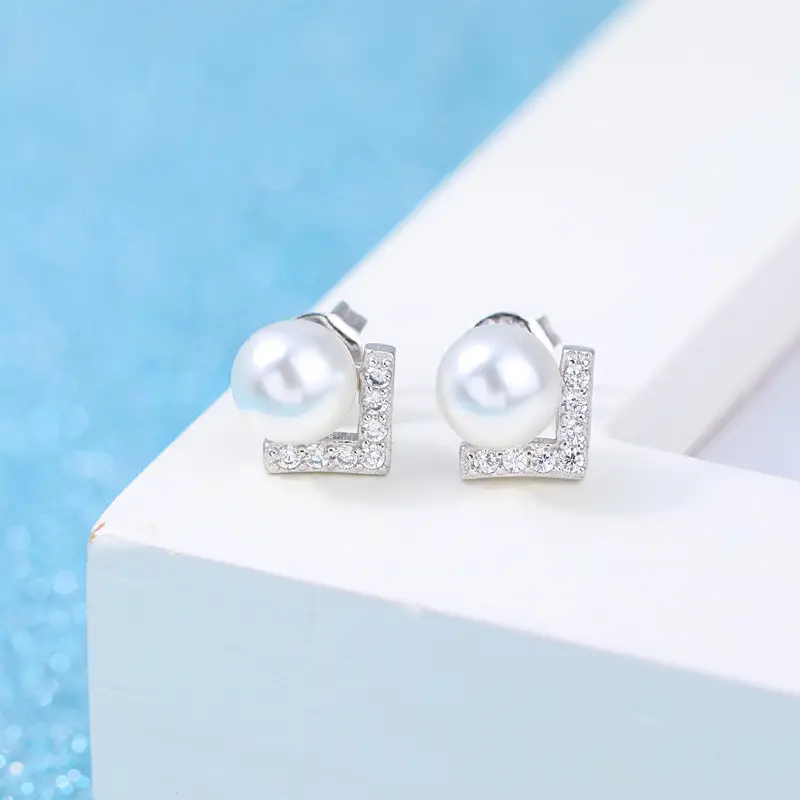 V-Shape Pearl Earrings Silver Plated Diamond Accents - Image 2