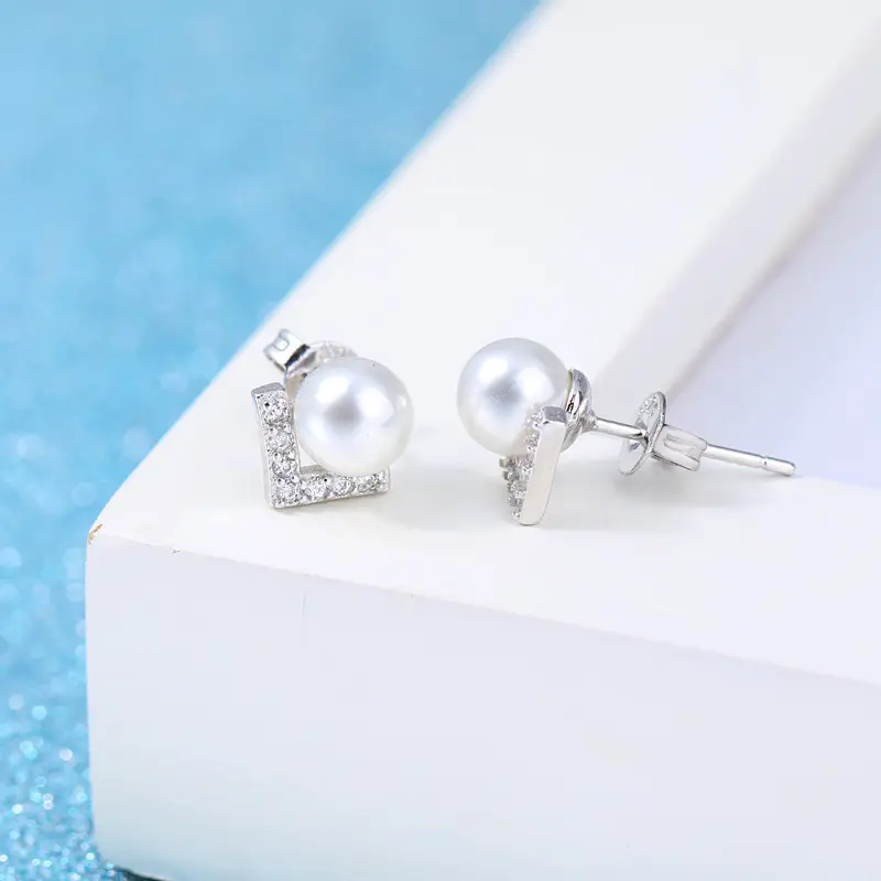 V-Shape Pearl Earrings Silver Plated Diamond Accents - Image 3