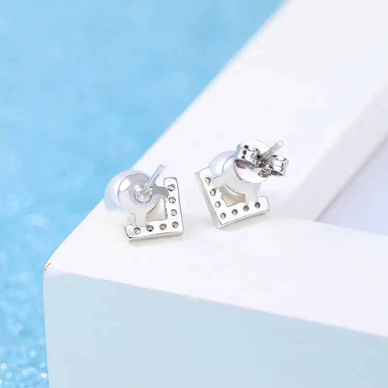 V-Shape Pearl Earrings Silver Plated Diamond Accents - Image 4