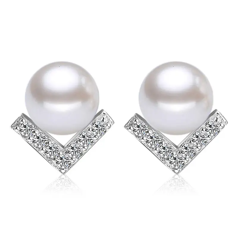 V-Shape Pearl Earrings Silver Plated Diamond Accents - Image 5