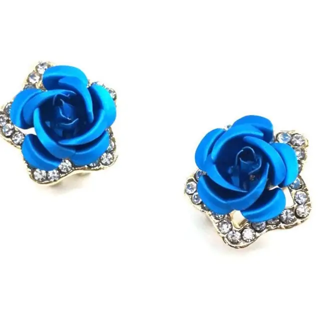 Rose Earrings Red Black Purple Blue Sparkle Rhinestones - Image 4