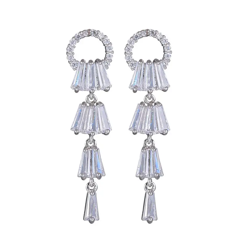 Long Tassel Ring Earrings AAA Zircon Silver
