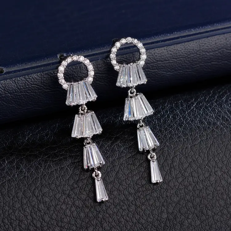 Long Tassel Ring Earrings AAA Zircon Silver - Image 2