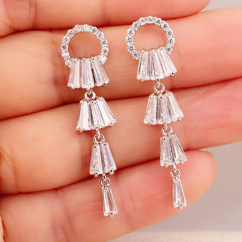 Long Tassel Ring Earrings AAA Zircon Silver - Image 4
