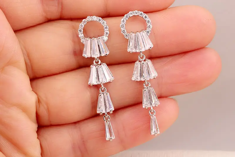 Long Tassel Ring Earrings AAA Zircon Silver - Image 6