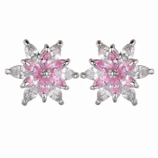 Korean Flower Earrings Pink Clear Zircon Silver