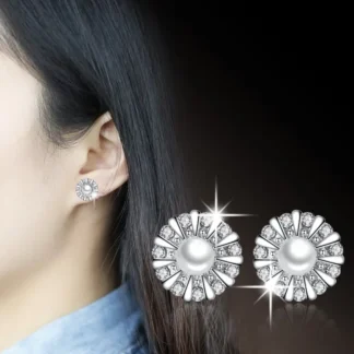 Silver Sunflower Pearl Earrings for Women