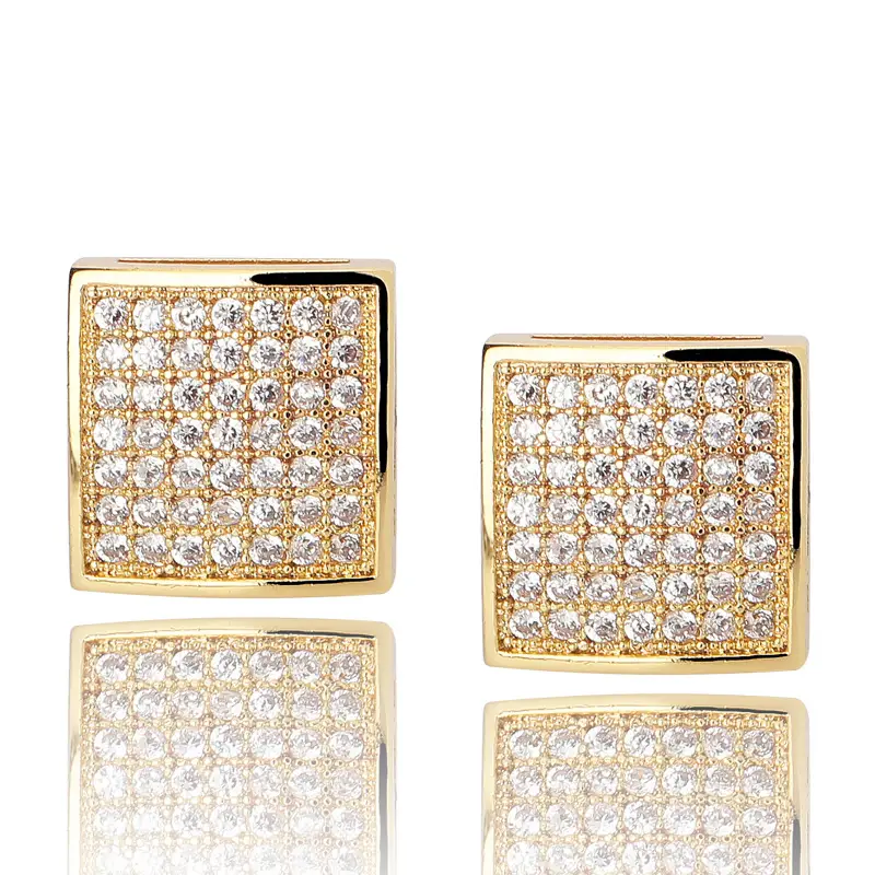 Square Threaded Zircon Earrings for Men Gold Plated - Image 2