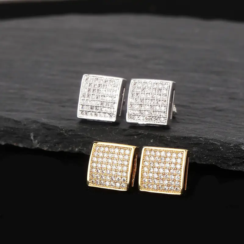 Square Threaded Zircon Earrings for Men Gold Plated - Image 3