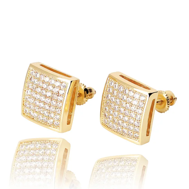 Square Threaded Zircon Earrings for Men Gold Plated - Image 5