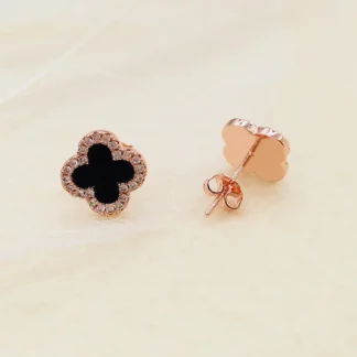 Rose Gold Four Leaf Clover Earrings with Black Center & Diamond Border