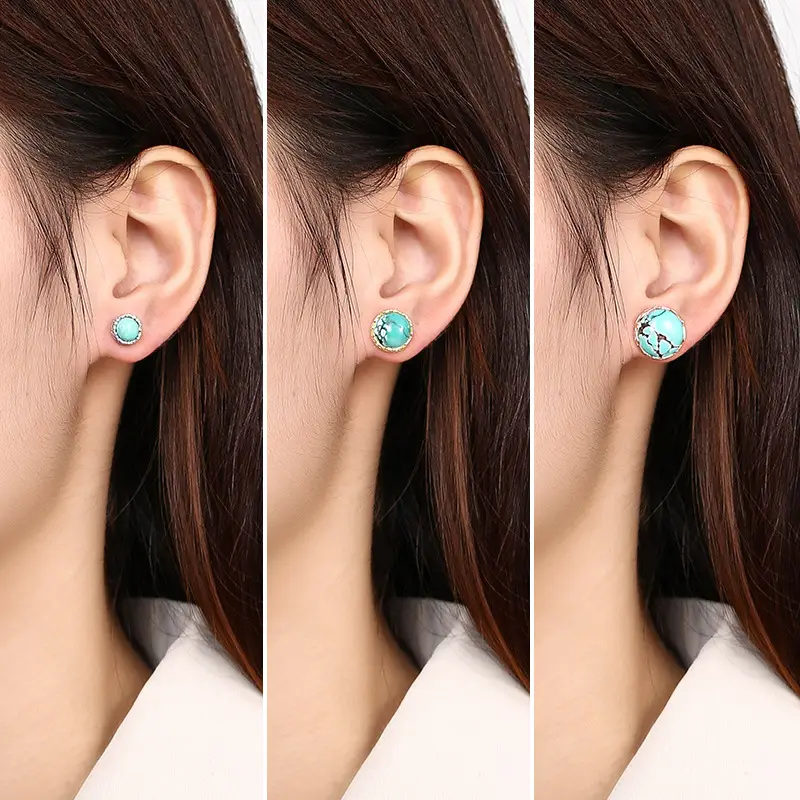 Vintage Hollow Earrings S925 Silver Turquoise Stones - Image 3