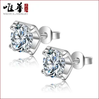 White Diamond Stud Earrings for Women, Silver Tone, Four Prong Design