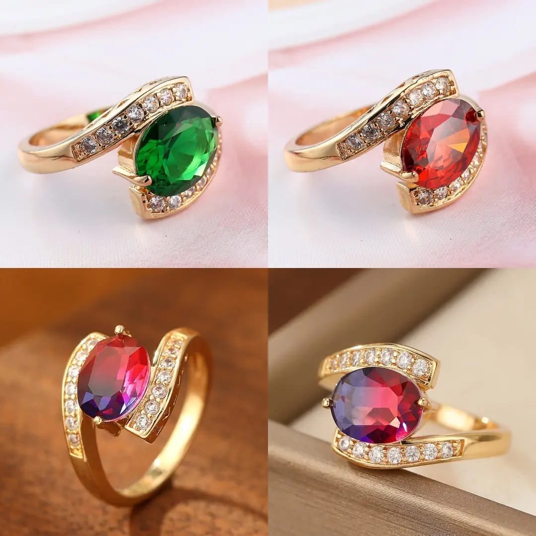 Emerald Zircon Crystal Ring Red Tourmaline Fashion Jewelry