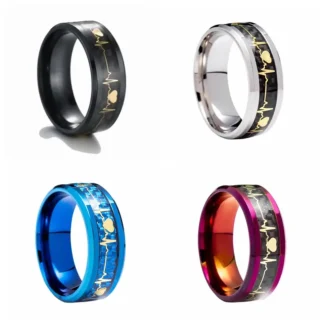 Carbon Fiber Couple Heartbeat Ring Black 8mm