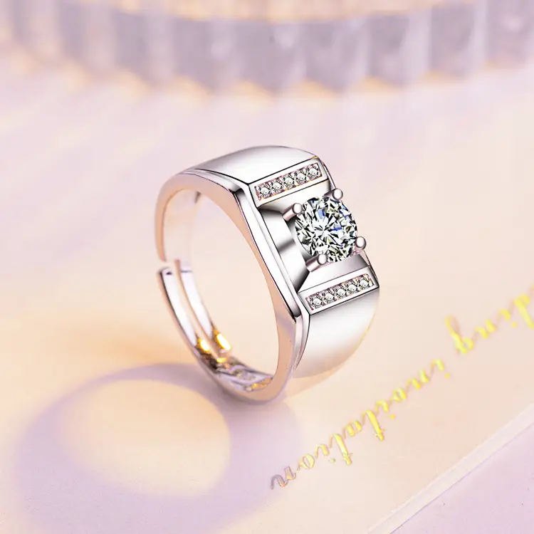 Men's Platinum-Plated Wedding Ring with Simulated Diamonds - Image 2