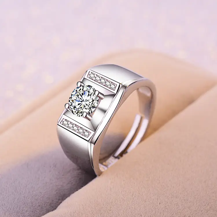 Men's Platinum-Plated Wedding Ring with Simulated Diamonds - Image 3