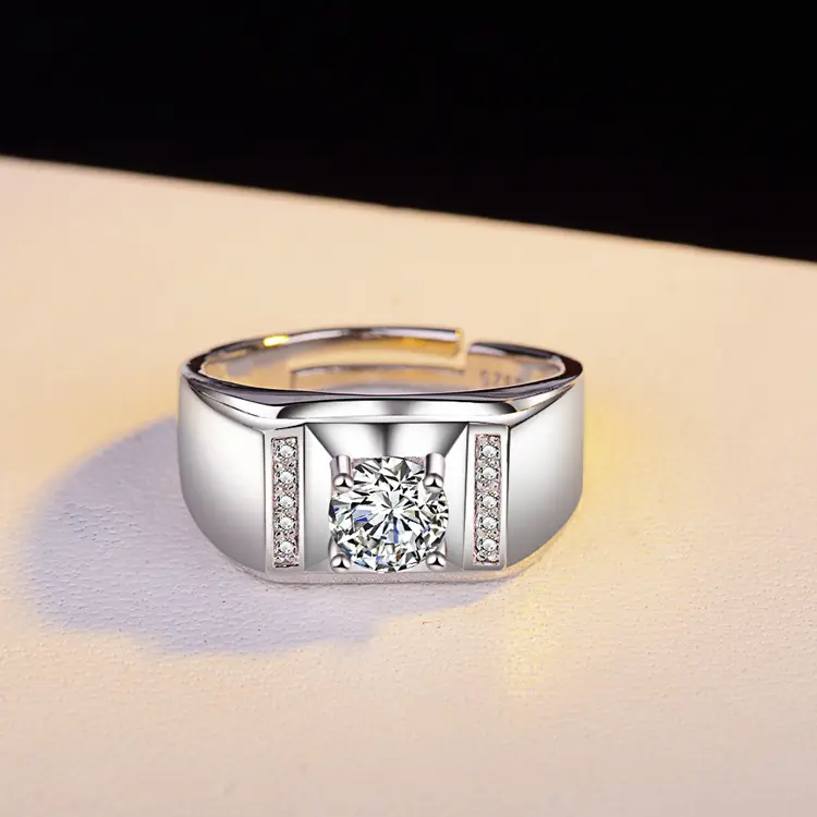 Men's Platinum-Plated Wedding Ring with Simulated Diamonds - Image 4