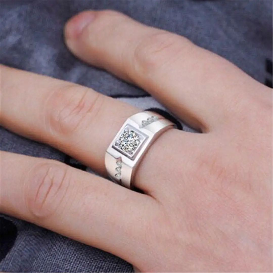 Men's Wide Diamond Platinum Plated Ring Silver - Image 2