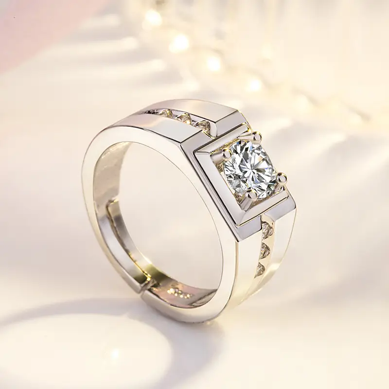 Men's Wide Diamond Platinum Plated Ring Silver - Image 3