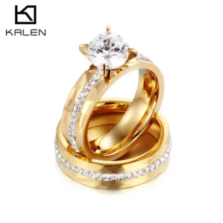 Women's Gold Titanium Steel Diamond Couple Rings Set