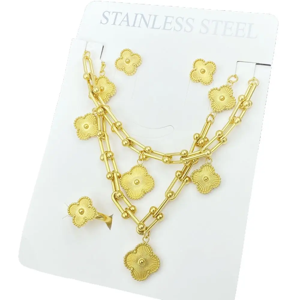 Four-Leaf Flower Bracelet Set Gold Turquoise Daily Wear Jewelry - Image 5