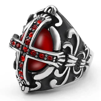 Vintage Stainless Steel Ring with Red Gemstone for Men