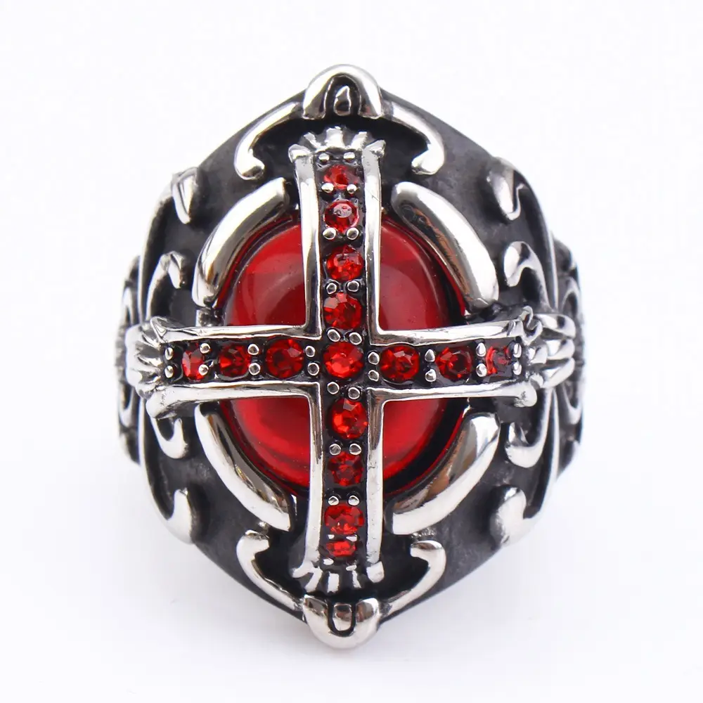 Vintage Stainless Steel Ring with Red Gemstone for Men - Image 2