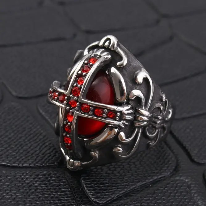 Vintage Stainless Steel Ring with Red Gemstone for Men - Image 4