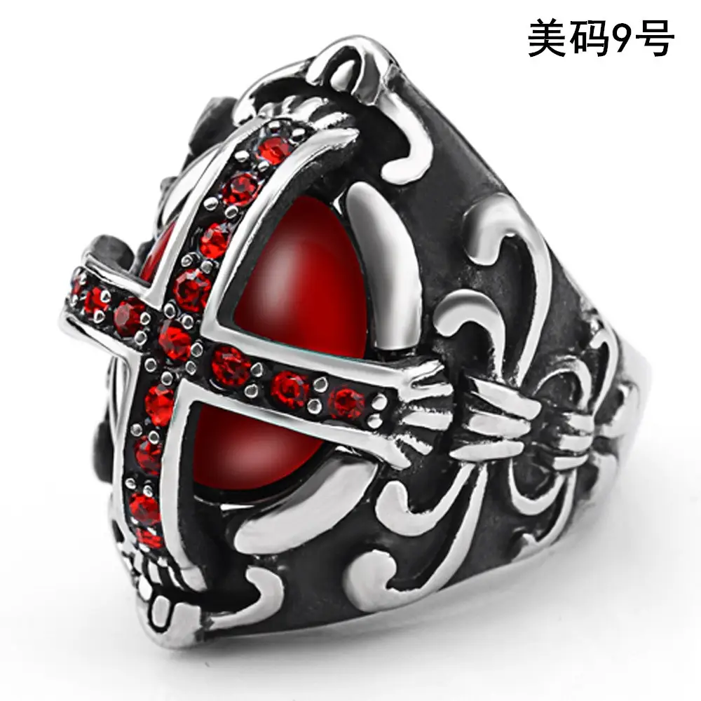 Vintage Stainless Steel Ring with Red Gemstone for Men - Image 8