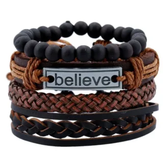 Men's Believe Metal Bracelet Set Black Brown Braided Leather