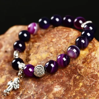 Purple Agate Bracelet with Silver Charm for Women