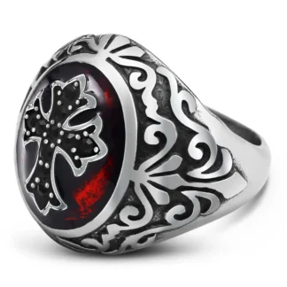 Stainless Steel Cross Design Ring Red Enamel Center
