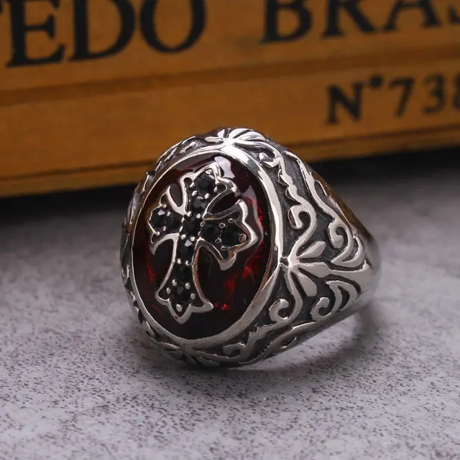 Stainless Steel Cross Design Ring Red Enamel Center - Image 2