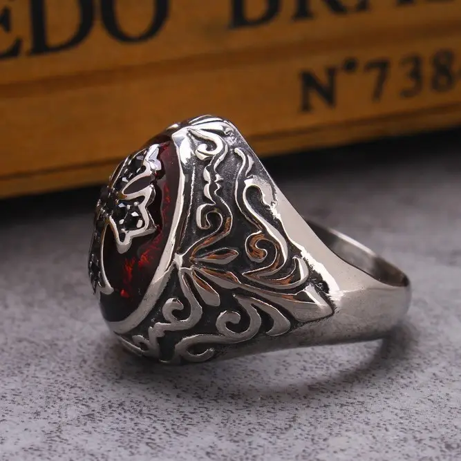 Stainless Steel Cross Design Ring Red Enamel Center - Image 3