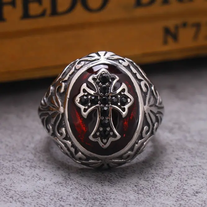 Stainless Steel Cross Design Ring Red Enamel Center - Image 4