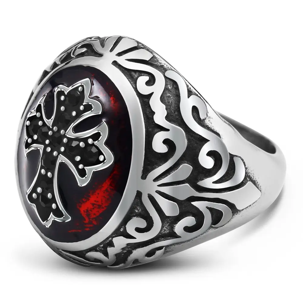 Stainless Steel Cross Design Ring Red Enamel Center - Image 5