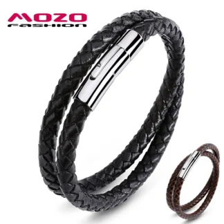 Black Braided Leather Magnetic Bracelet for Men