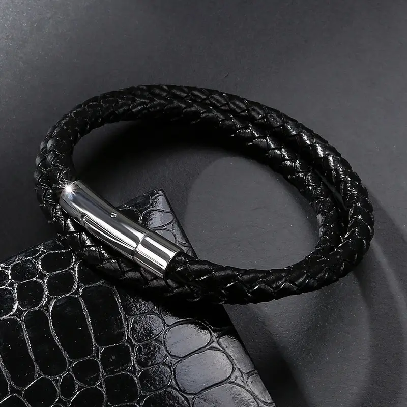 Black Braided Leather Magnetic Bracelet for Men - Image 2