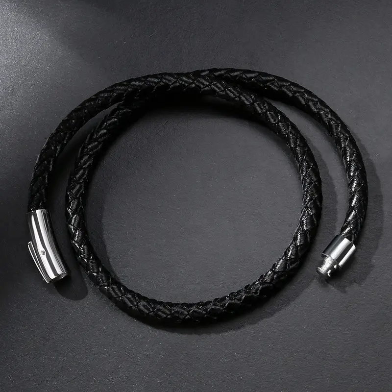 Black Braided Leather Magnetic Bracelet for Men - Image 3