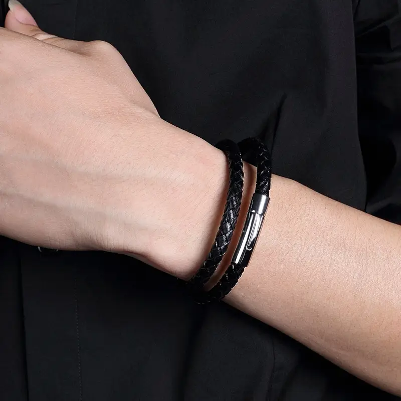 Black Braided Leather Magnetic Bracelet for Men - Image 4
