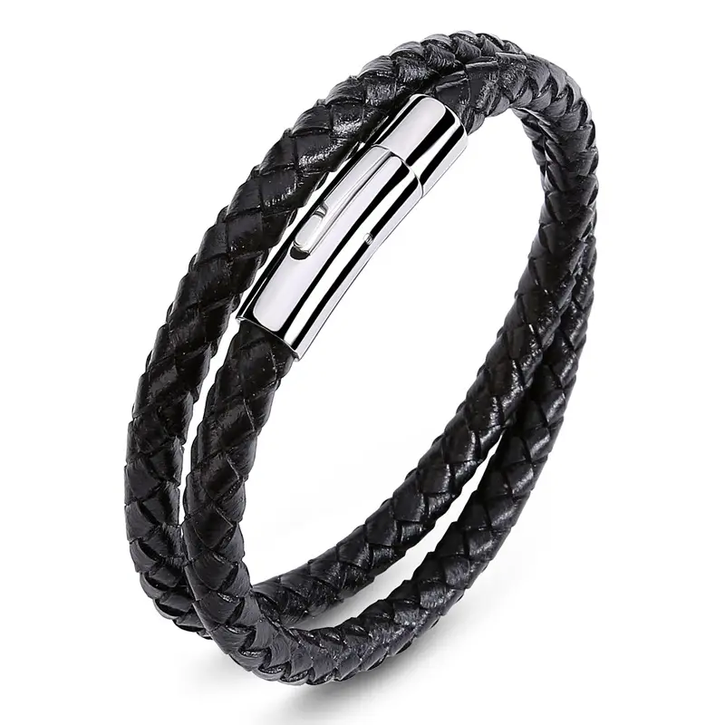 Black Braided Leather Magnetic Bracelet for Men - Image 5