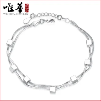 Silver Double Snake Chain Bracelet with Cube Charms