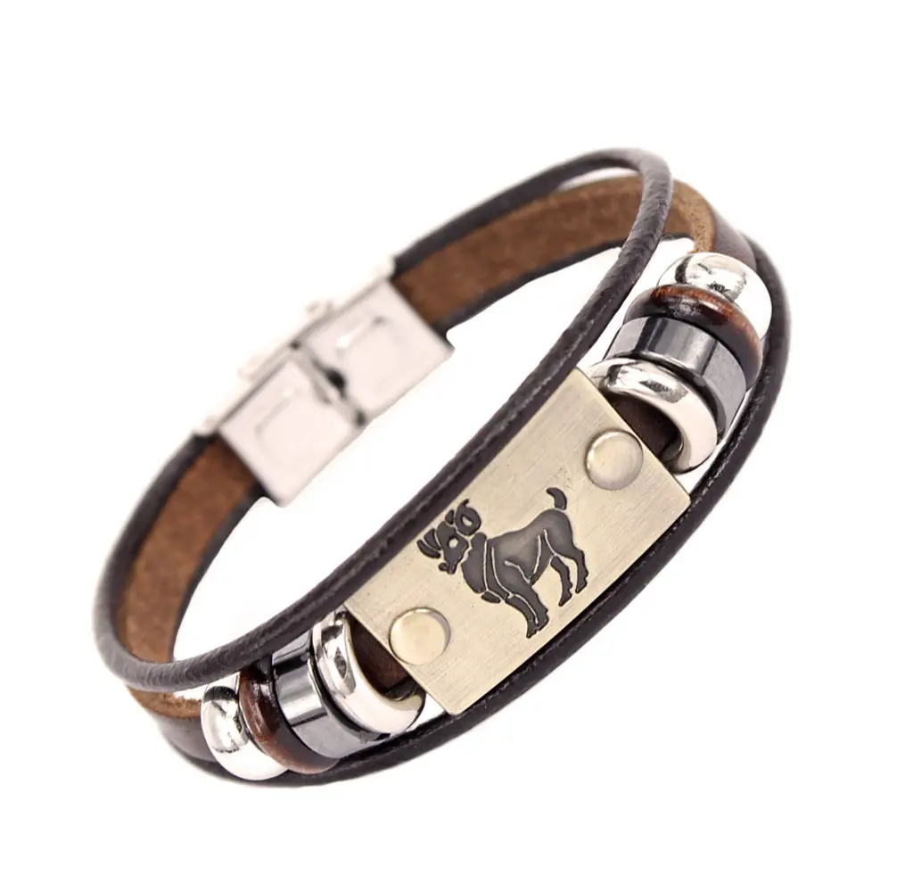 Stainless Steel Zodiac Charm Bracelet Brown Leather Pakistan - Image 6