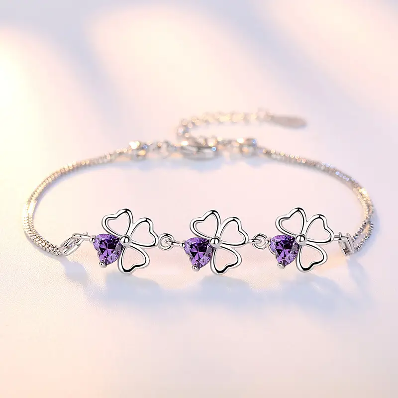 Silver Heart Clover Bracelet with Purple Amethyst Stones - Image 2