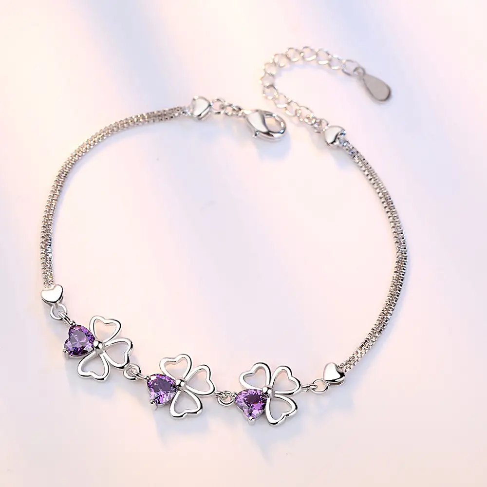 Silver Heart Clover Bracelet with Purple Amethyst Stones - Image 3