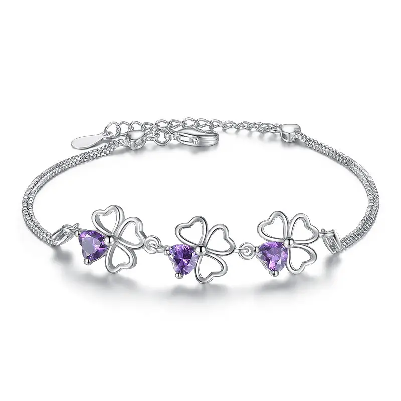Silver Heart Clover Bracelet with Purple Amethyst Stones - Image 5