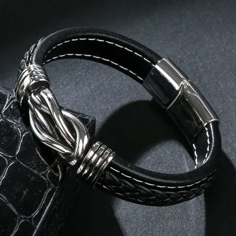Black Leather Knot Bracelet for Men - Image 2